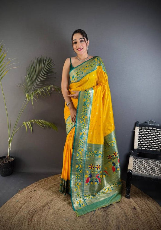 Opulent Yellow Paithani Silk Saree With Skinny Blouse Piece