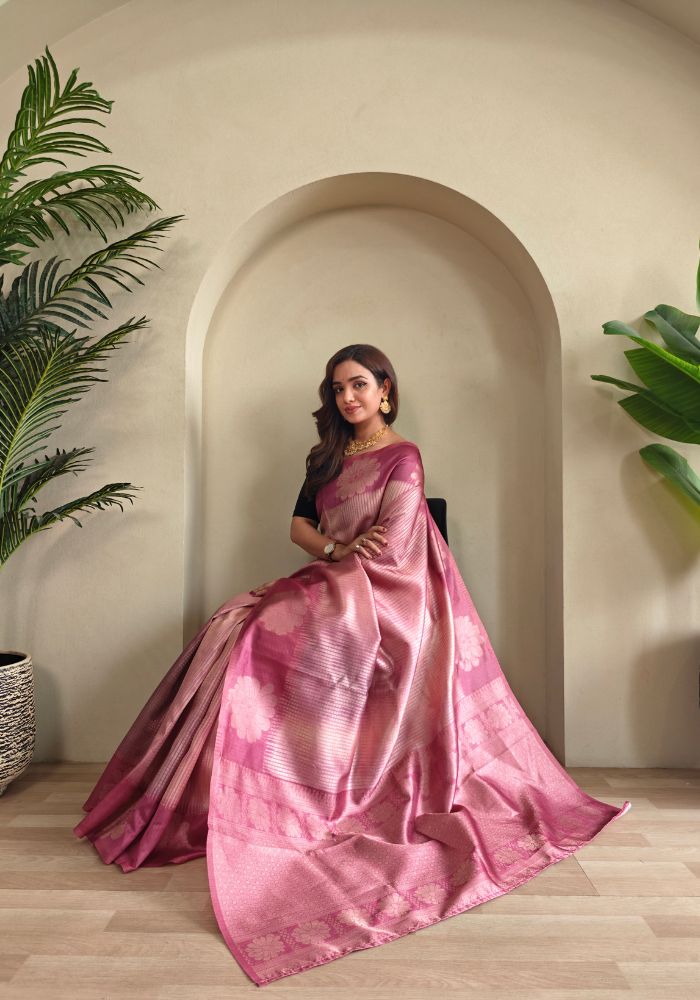 Amara – Pink Banarasi Soft Silk Saree with Floral Weave