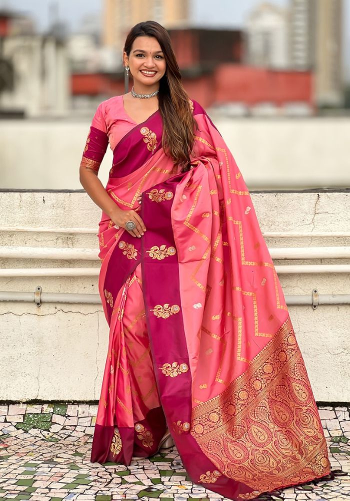 Ruvika –Banarasi Soft Silk Saree in Rani with Ornamental Border