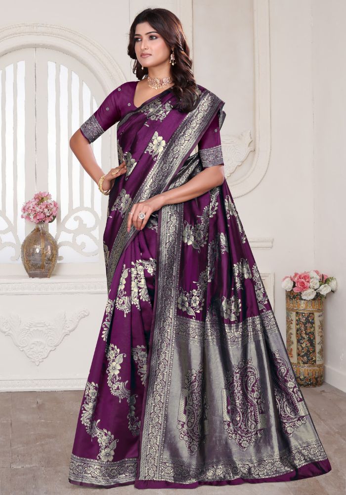Aura Wine Banarasi Silk Saree
