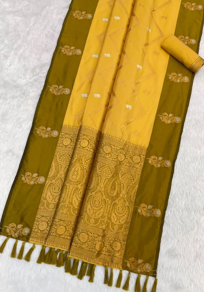 Ruvika –Banarasi Soft Silk Saree in Gold with Ornamental Border