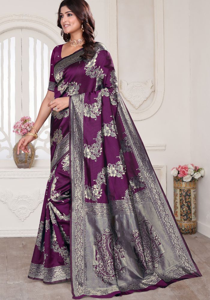Aura Wine Banarasi Silk Saree
