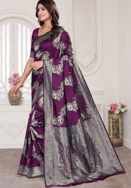 Aura Wine Banarasi Silk Saree
