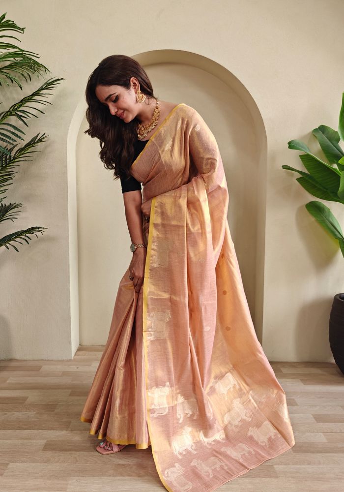 Varnika – Baby Pink Banarasi Soft Tiuuse Silk Saree of Subtle Charm