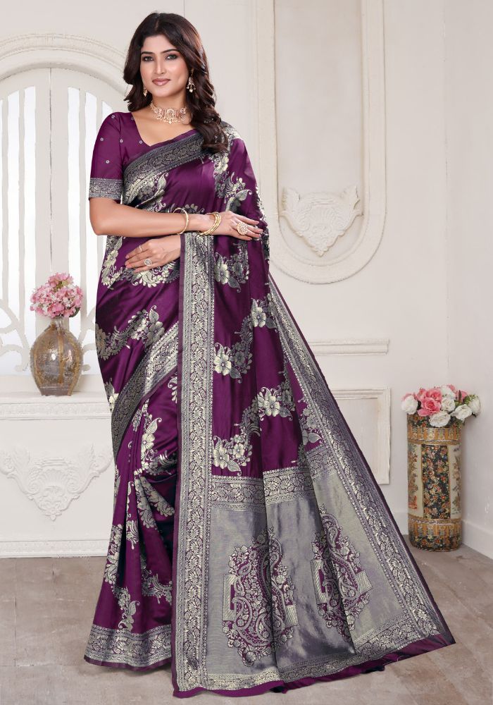 Aura Wine Banarasi Silk Saree