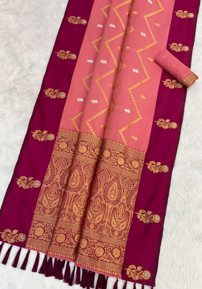 Ruvika – Banarasi Soft Silk Saree in Gajari with Ornamental Border