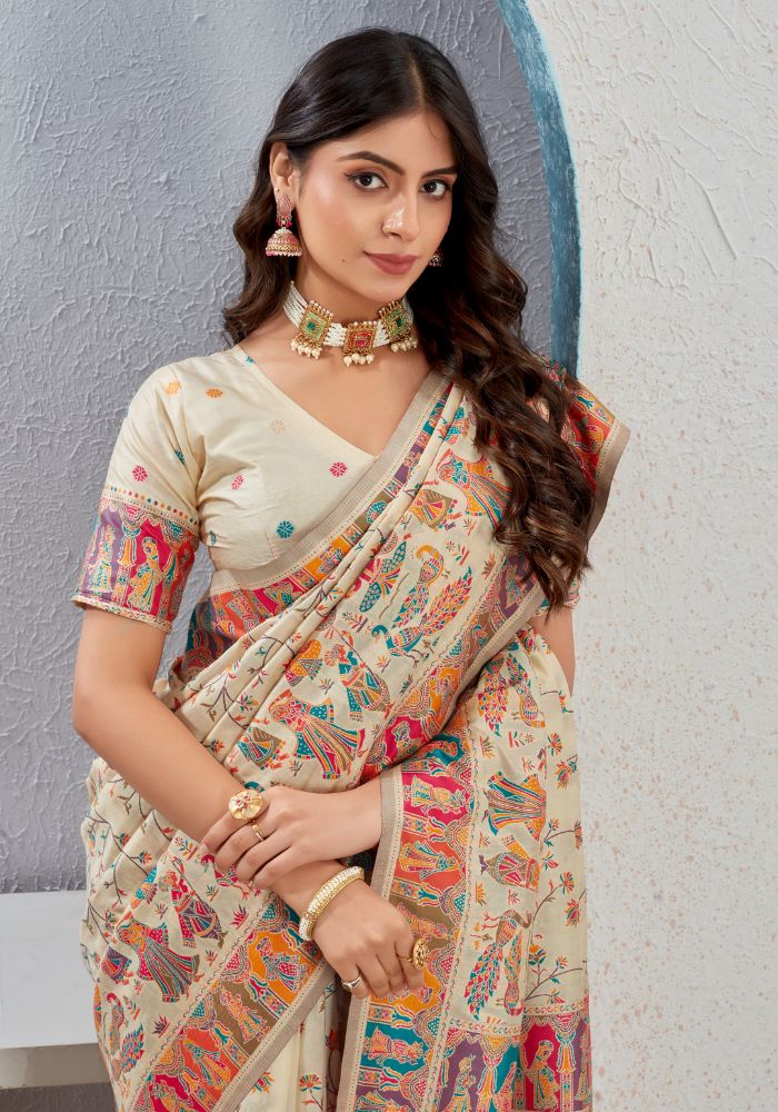 Tanirika – Beige Naylon Sillk Saree with Vibrant Minakari Detailing
