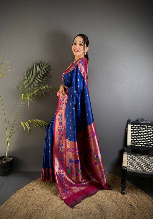 Nebula Navy Blue Paithani Silk Saree With Adorable Blouse Piece