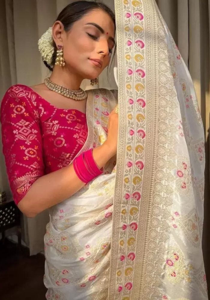 Tisha White Banarasi Silk Saree