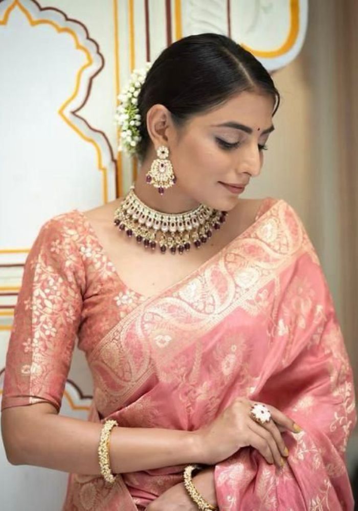 Anarkali Peach Banarasi silk saree