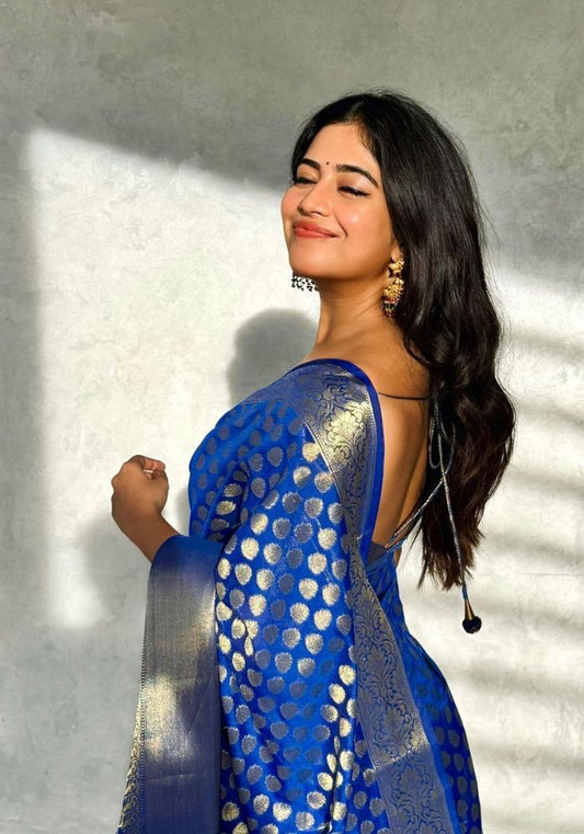 Admyrin Blue Soft Silk Designer Party Wear Banarasi Saree with Blouse Piece