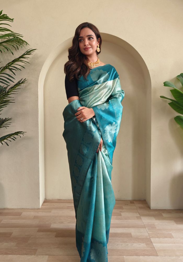Amara – Rama Banarasi Soft Silk Saree with Floral Weave