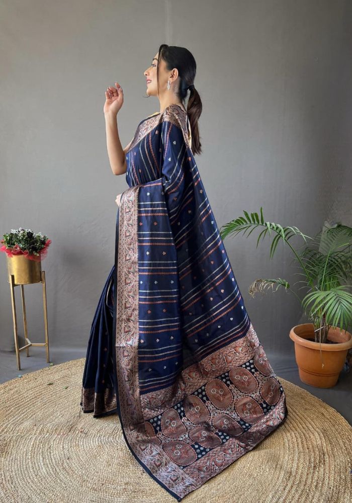 Elegantly Navy Blue Color Woven Silk Saree with Silver, Copper, and Antique Detailing