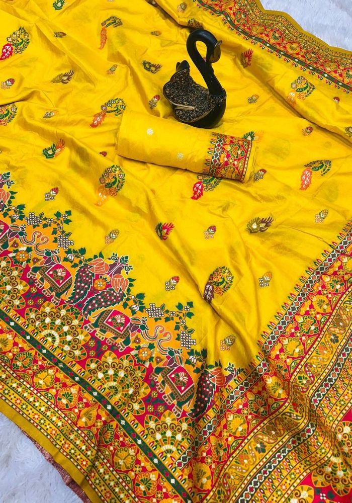 Appealing Yellow Pashmina Saree With Gossamer Blouse Piece