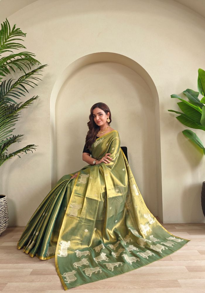 Varnika – Green Banarasi Soft Tissue Silk Saree of Subtle Charm