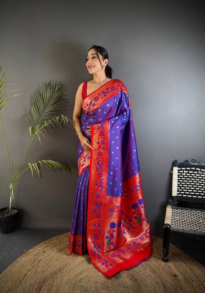 Exuberant Royal Purple Paithani Silk Saree With Ethnic Blouse Piece
