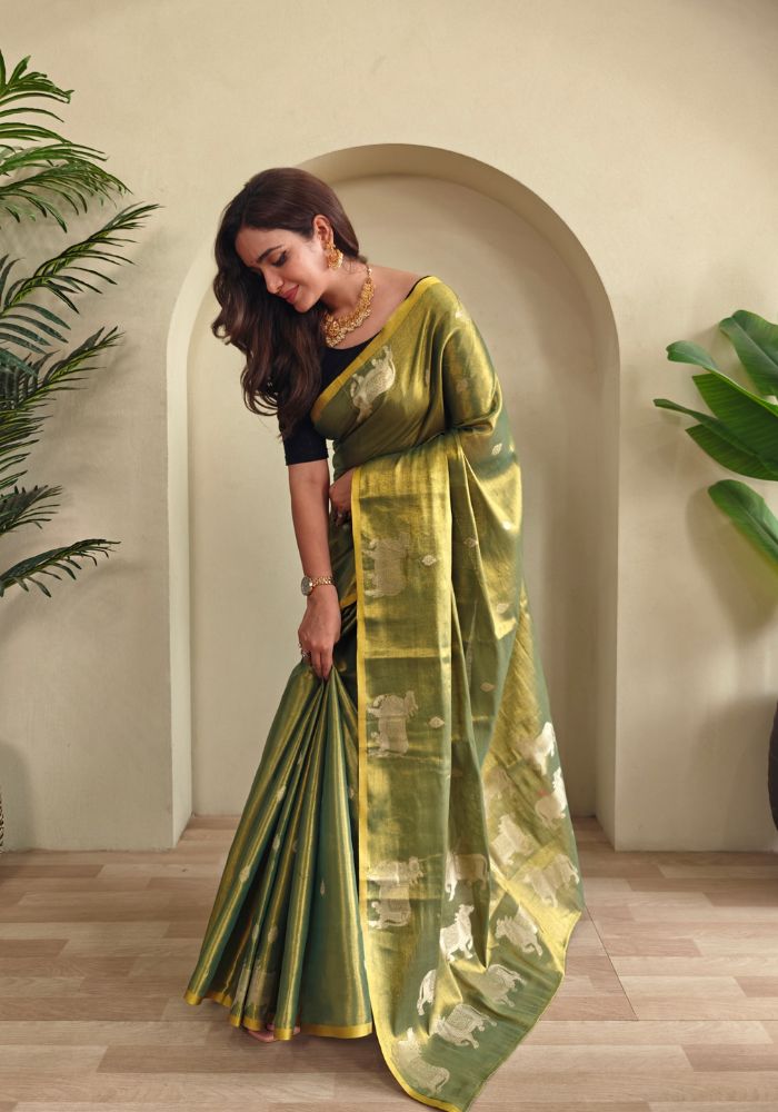Varnika – Green Banarasi Soft Tissue Silk Saree of Subtle Charm