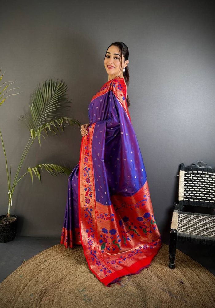 Exuberant Royal Purple Paithani Silk Saree With Ethnic Blouse Piece