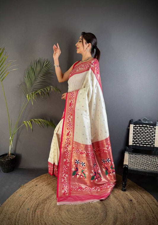 Deserving Beige Paithani Silk Saree With Dulcet Blouse Piece