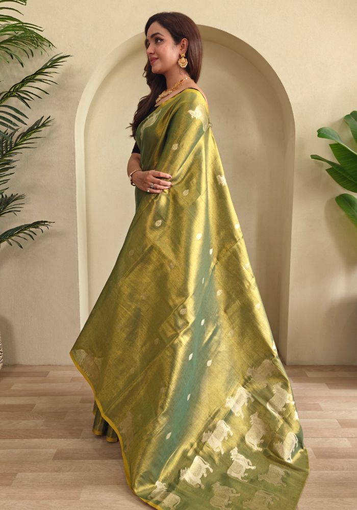 Varnika – Green Banarasi Soft Tissue Silk Saree of Subtle Charm