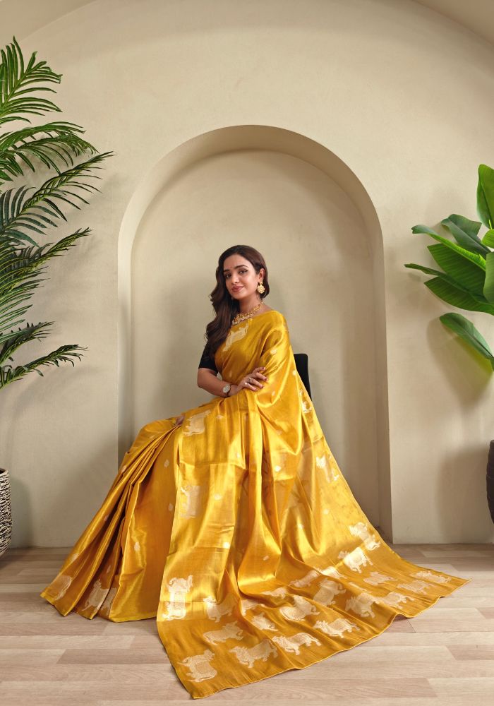 Varnika – Mustard Banarasi Soft Tiuuse Silk Saree of Subtle Charm