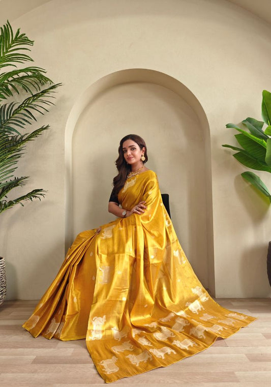 Varnika – Mustard Banarasi Soft Tiuuse Silk Saree of Subtle Charm