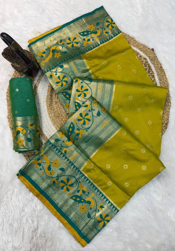 Delectable Mustard Paithani Silk Saree With Improbable Blouse Piece