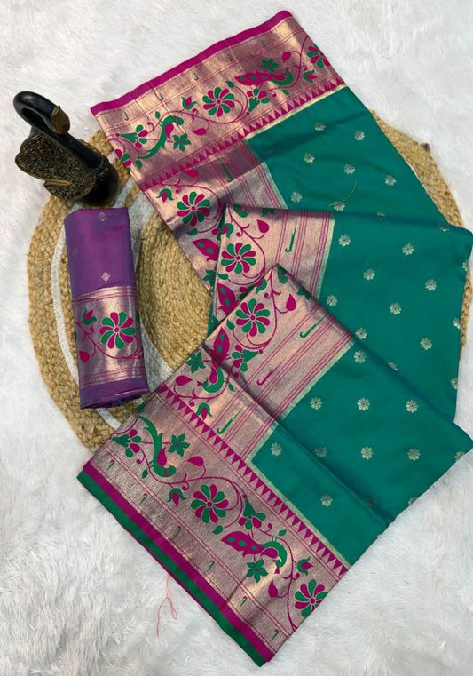 Divine Firozi Paithani Silk Saree With Blooming Blouse Piece