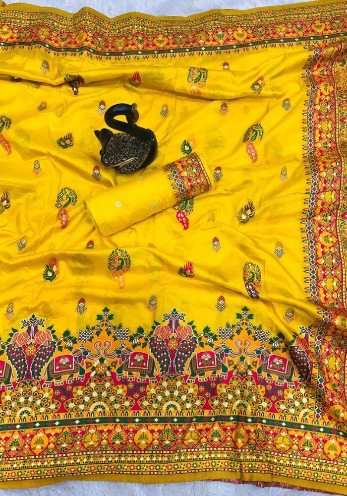 Appealing Yellow Pashmina Saree With Gossamer Blouse Piece