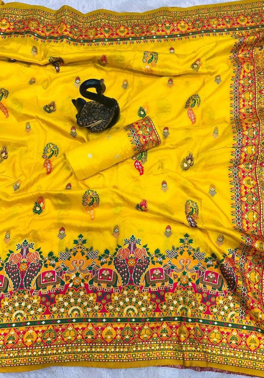 Appealing Yellow Pashmina Saree With Gossamer Blouse Piece