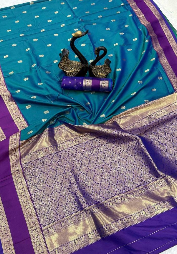 Symmetrical Rama Soft Banarasi Silk Saree With Captivating Blouse Piece