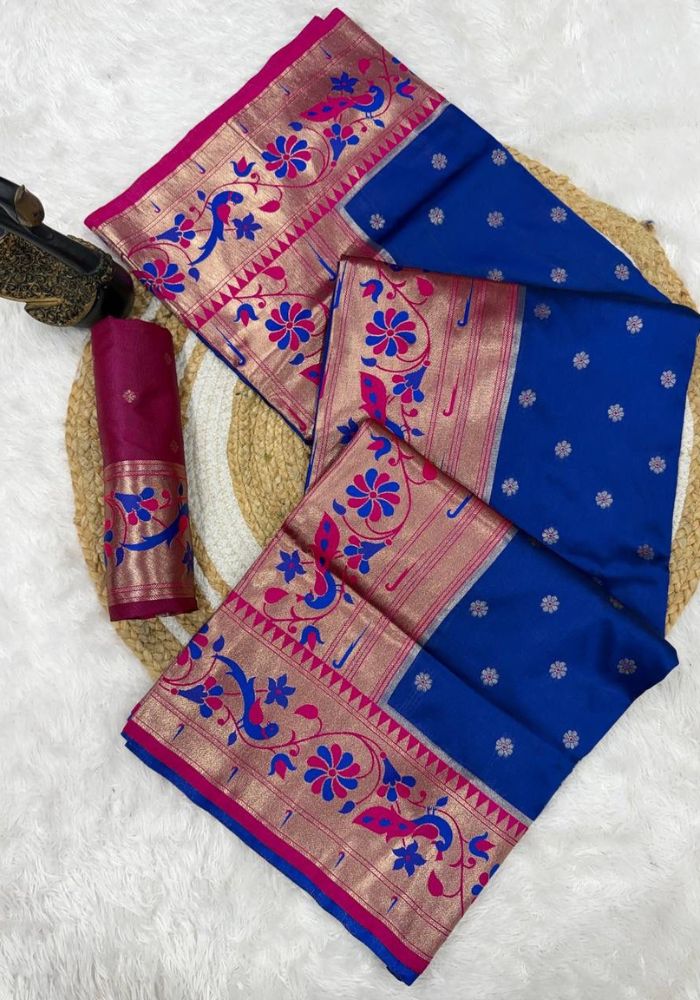 Nebula Navy Blue Paithani Silk Saree With Adorable Blouse Piece