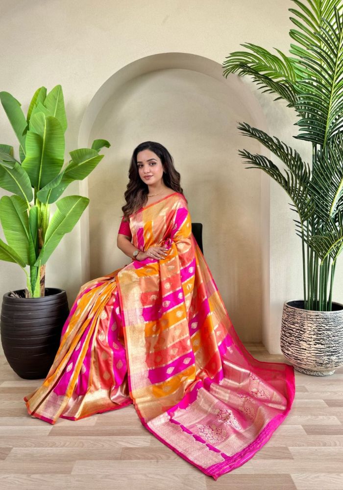 Rangrekha – Multicolour Banarasi Soft Silk Saree with Golden Zari Weaving