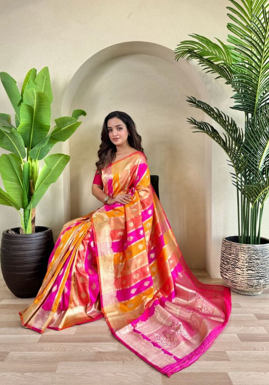 Rangrekha – Multicolour Banarasi Soft Silk Saree with Golden Zari Weaving