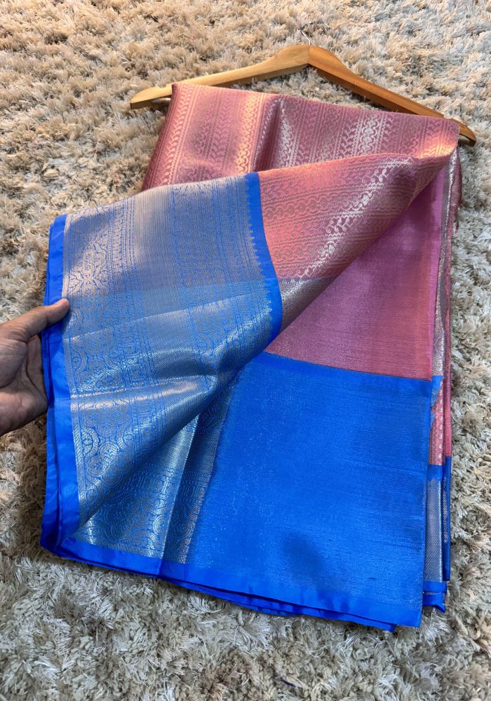 Amira - Pink & Silver Kanjivaram Silk Saree with Royal Blue Border