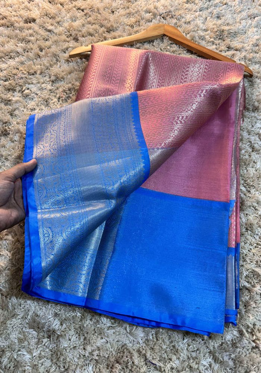 Amira - Pink & Silver Kanjivaram Silk Saree with Royal Blue Border