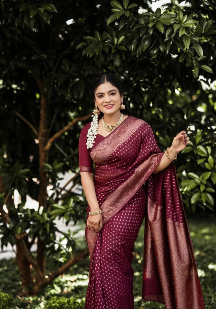 Charulata – Deep Maroon Banarasi Soft Silk Saree with Royal Charm