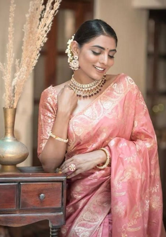 Anarkali Peach Banarasi silk saree