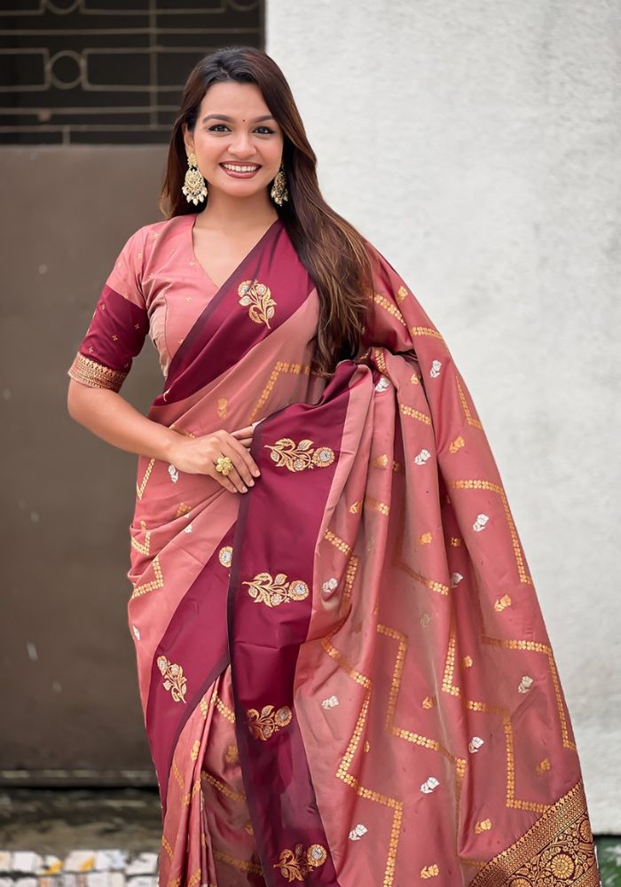 Ruvika – Banarasi Soft Silk Saree in Gajari with Ornamental Border
