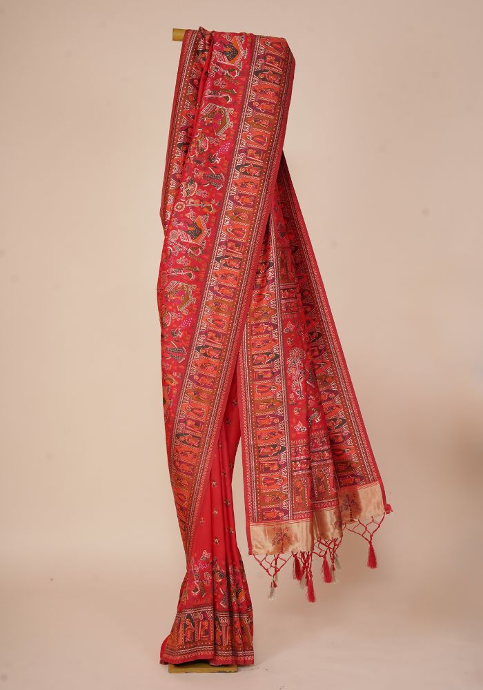 Rajlakshmi- Red Pashmina Saree With Innovative Blouse Piece