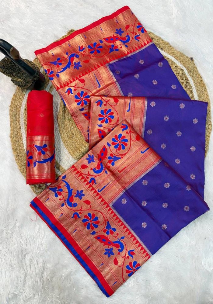 Exuberant Royal Purple Paithani Silk Saree With Ethnic Blouse Piece