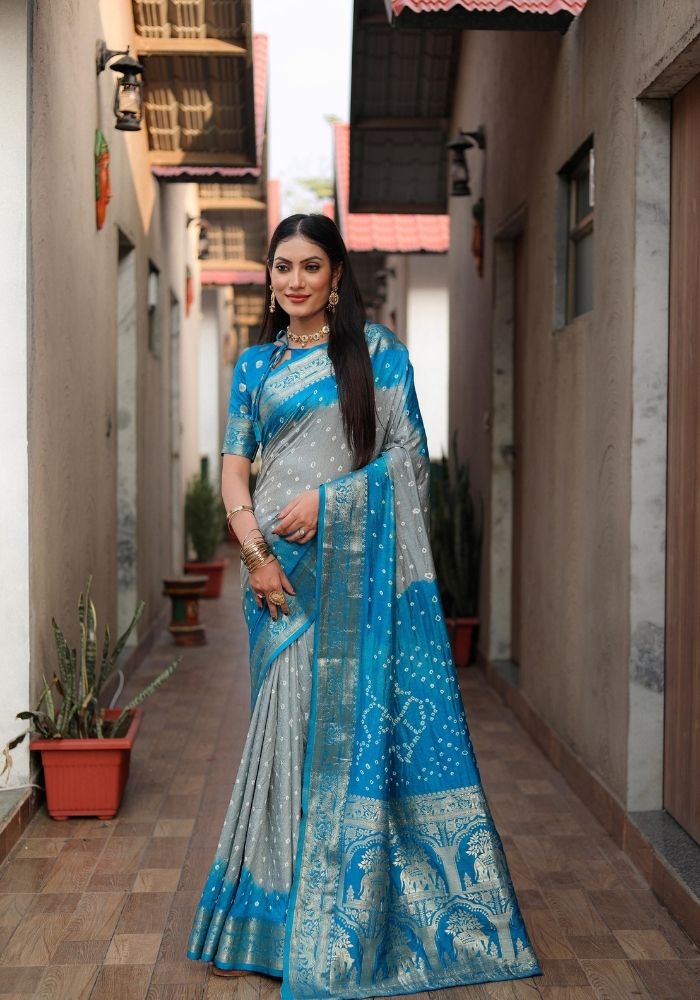 Ziyana Firozi Grey Bandhej Silk Saree