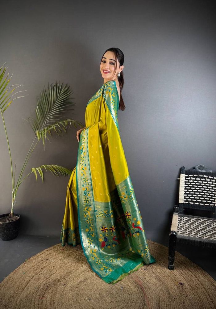 Delectable Mustard Paithani Silk Saree With Improbable Blouse Piece