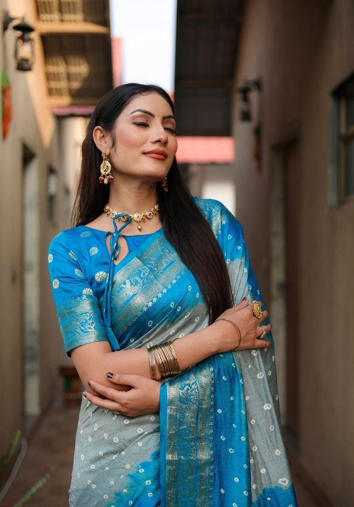 Ziyana Firozi Grey Bandhej Silk Saree