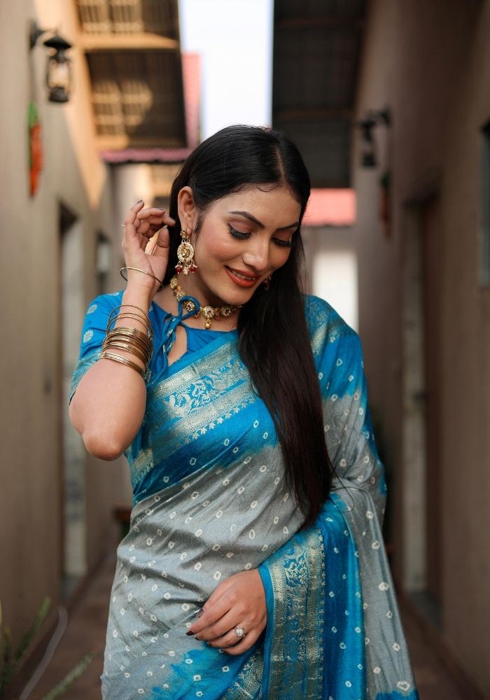 Ziyana Firozi Grey Bandhej Silk Saree