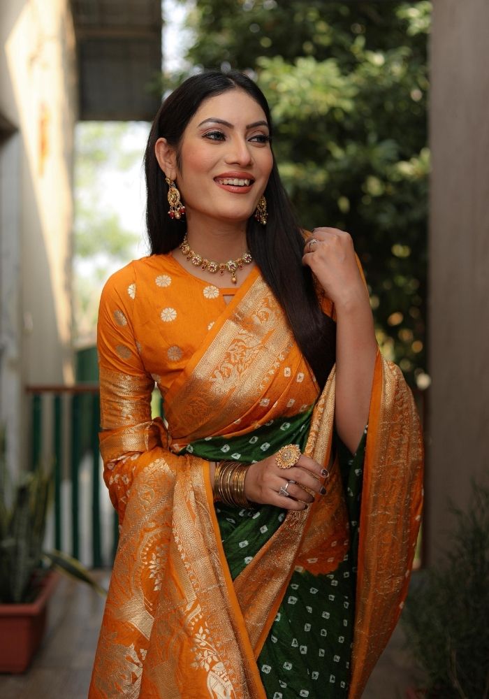 Ziyana Orange Green Bandhej Silk Saree