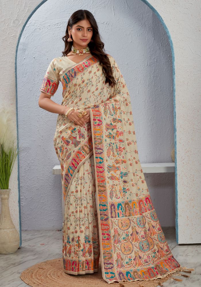 Tanirika – Beige Naylon Sillk Saree with Vibrant Minakari Detailing