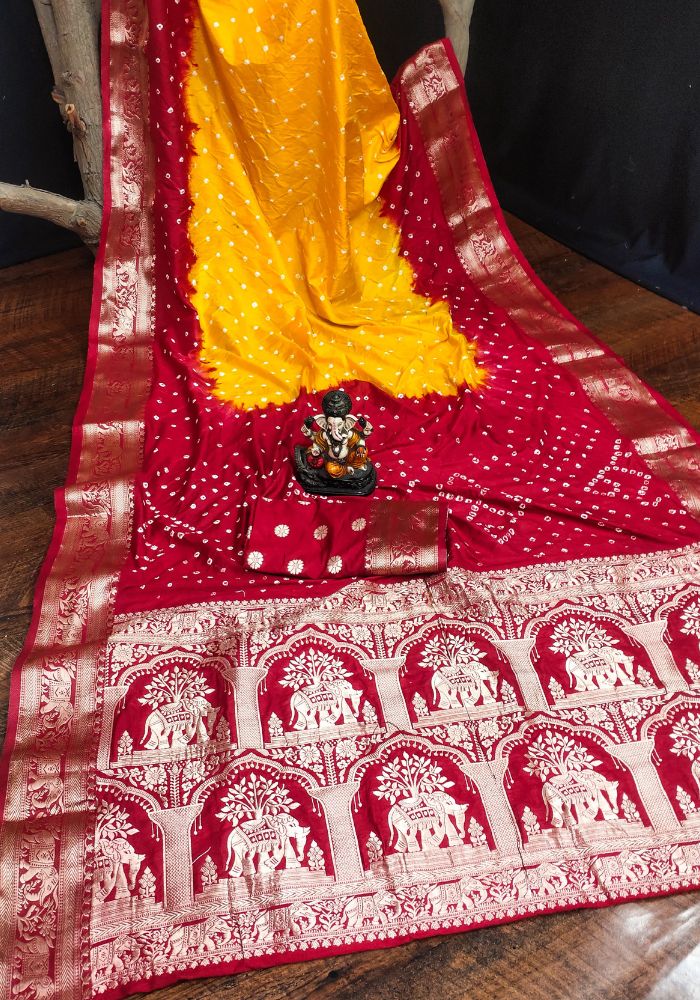 Ziyana Red Gold Bandhej Silk Saree