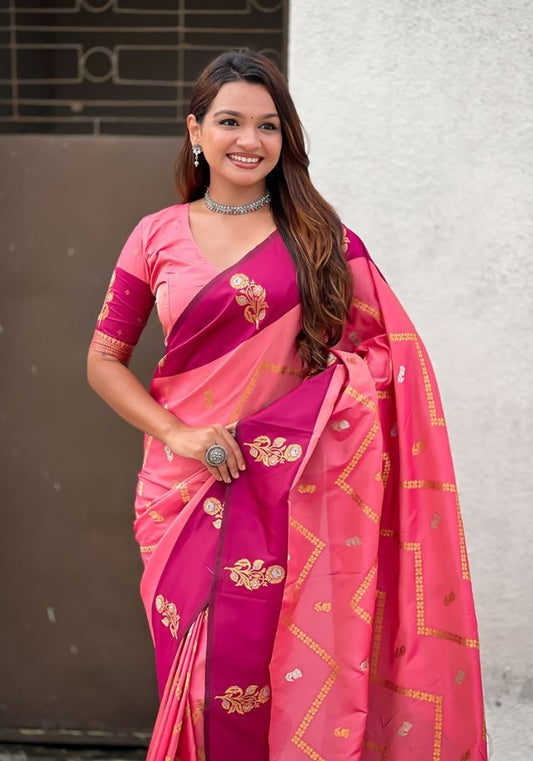 Ruvika –Banarasi Soft Silk Saree in Rani with Ornamental Border