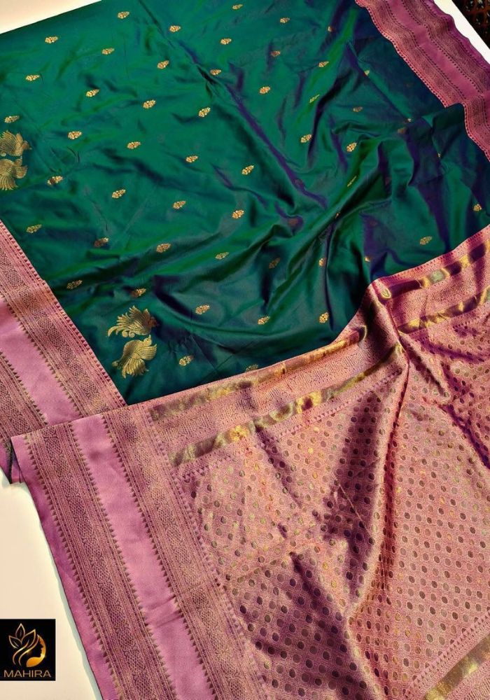 Enticing Dark Green Soft Banarasi Silk Saree With Marvellous Blouse Piece